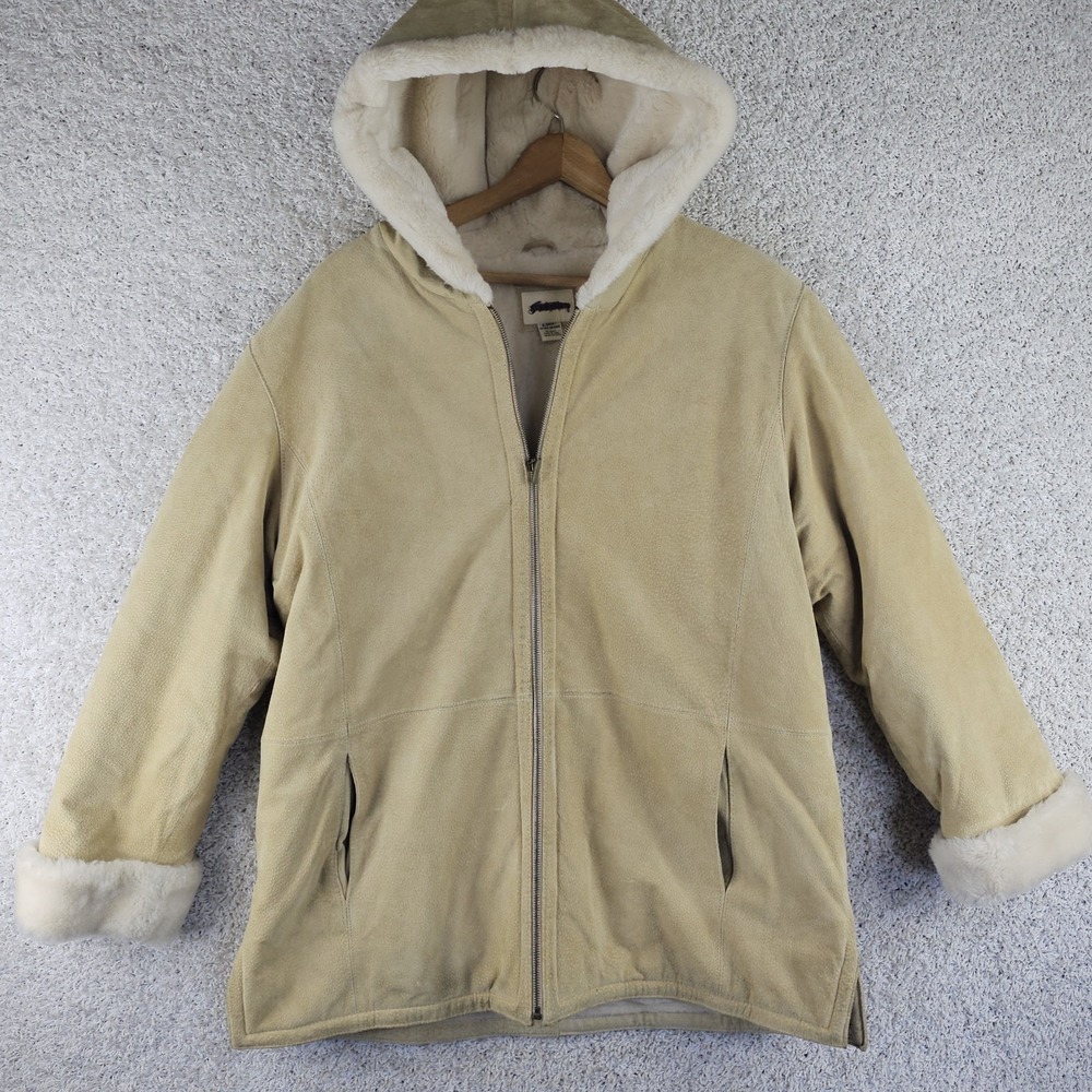 Vtg St. John's Bay Leather Suede Jacket Women XL Tan Faux Fur Lined Hooded Parka
